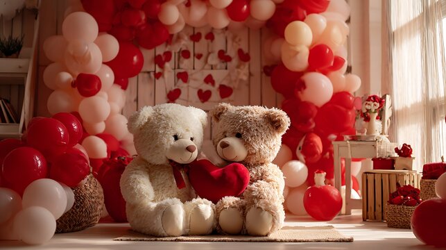 Two teddy bears sitting together with a red heart in a festive, balloon-decorated setting