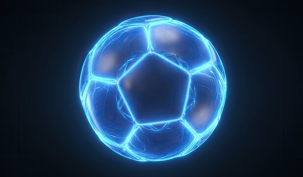 Glowing blue soccer ball with pentagon and hexagon panels on a dark background