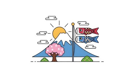 Fototapeta premium A colorful illustration of a mountain with a tree and fish flags isolated on white background