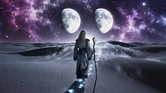 Figure with Staff Under Twin Moons in Starry Desert