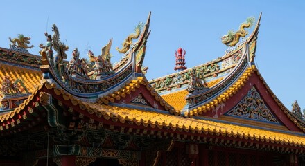 Fototapeta premium Intricate details of a traditional Chinese temple roof with vibrant yellow tiles and ornate decorations under a clear blue sky.