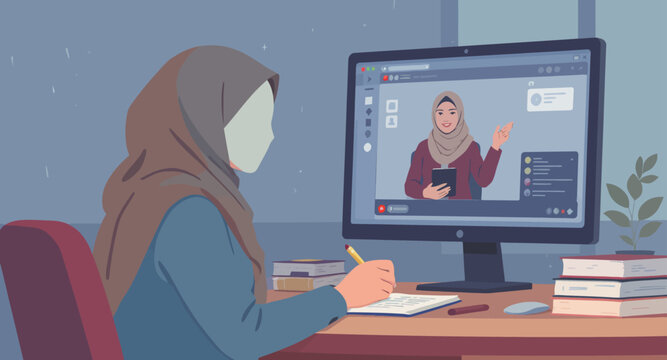 woman in hijab using computer for online education.