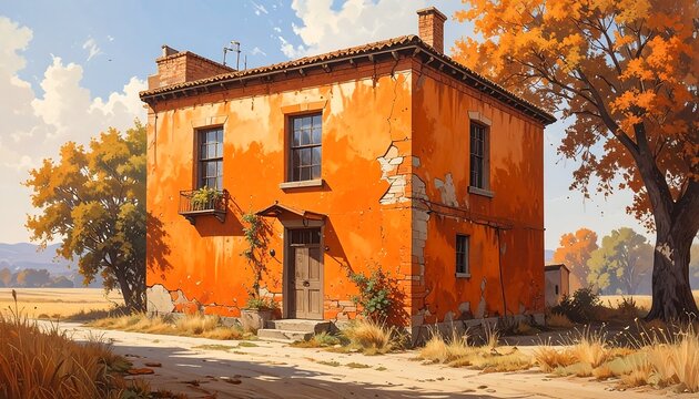 A vibrant orange house with a tree and cloudy sky