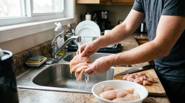 A man washes raw chicken in a kitchen sink. He is using a knife and cutting board to prepare the chicken.