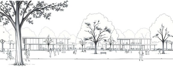 Fototapeta premium Architectural sketch of modern buildings nestled among trees in a park setting