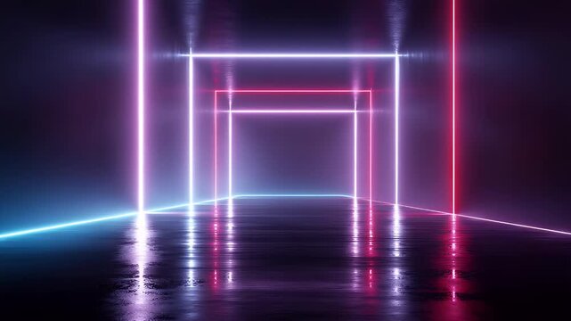 Abstract futuristic background with changing neon light colors, a dynamic corridor of glowing square frames, motion in an immersive virtual reality, glowing tunnel and cyber space.
