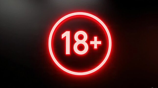 neon 18 plus age restriction sign with glowing red light and pulse effect