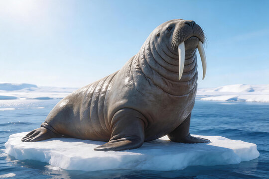 Large walrus with long tusks resting on a floating ice floe in bright polar sunlight