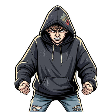 Angry young man in hoodie, fists clenched, aggressive stance, comic style