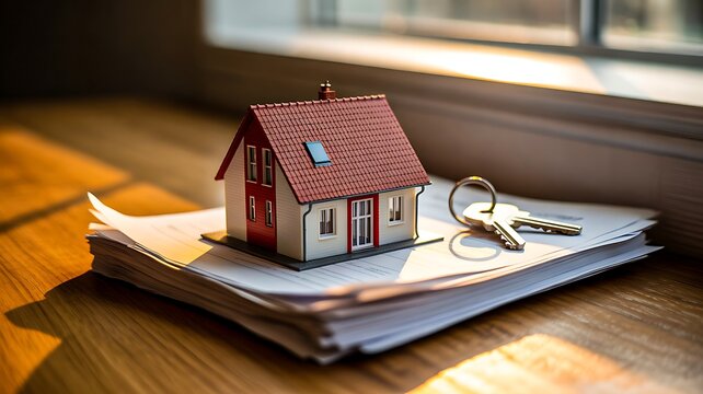 Model house on stack of documents with keys representing real estate investment concept