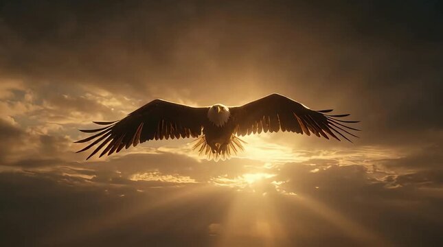 bald eagle flying with open wings in sunset sky with golden sun rays