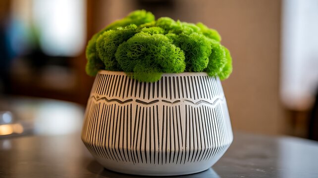 Green moss plant in modern ceramic pot on table with soft background blur