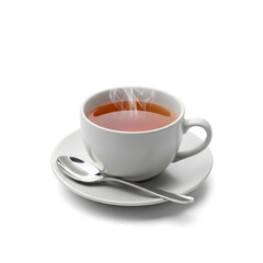 Naklejka premium A steaming cup of tea on a saucer with a spoon ready to drink 3.