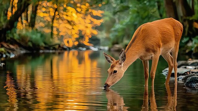 A serene image of a deer drinking from a calm pond, evoking peace and a connection with nature. Ideal for nature-themed websites or campaigns.