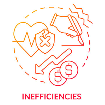 Inefficiencies Concept: A conceptual illustration highlighting inefficiencies within a circle, featuring symbolic representations such as a shield with a cross, a heartbeat with a decrease.