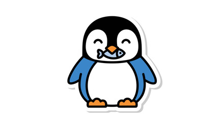 Fototapeta premium A cute cartoon penguin with orange feet and beak smiles sweetly.