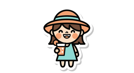 Obraz premium A cute cartoon girl wearing a hat holds a drink outdoors.