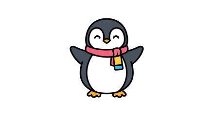 Fototapeta premium A cute cartoon penguin wearing a colorful scarf stands happily outdoors.