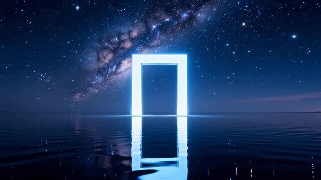Glowing portal over water under starry sky