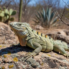 Obraz premium Green Iguana basking on a rock in a desert landscape.