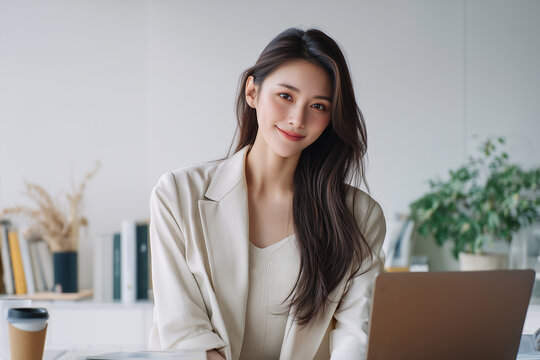 パソコンの前で微笑む女性