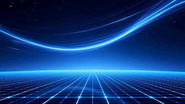 Blue glowing grid and light streaks in space