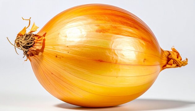 A close-up studio shot of a single, whole yellow onion with visible layers and rootlets, isolated on a plain white background