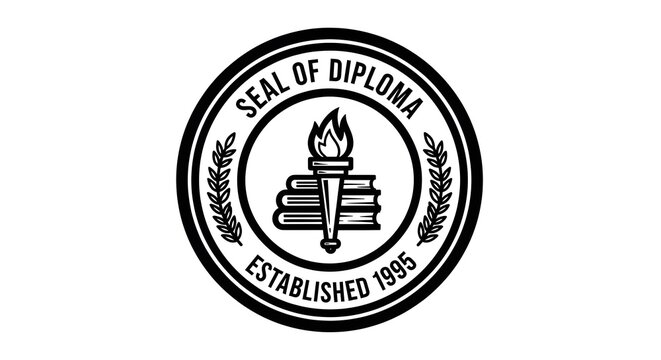 A circular emblem featuring a torch and stack of books titled seal of diploma established 1995
