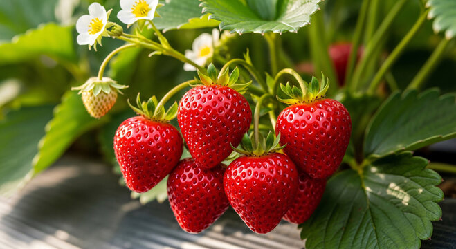 Fresh ripe strawberries growing on a plant with green leaves and white flowers