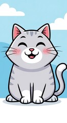 Fototapeta premium Cartoon grey cat smiling outside.