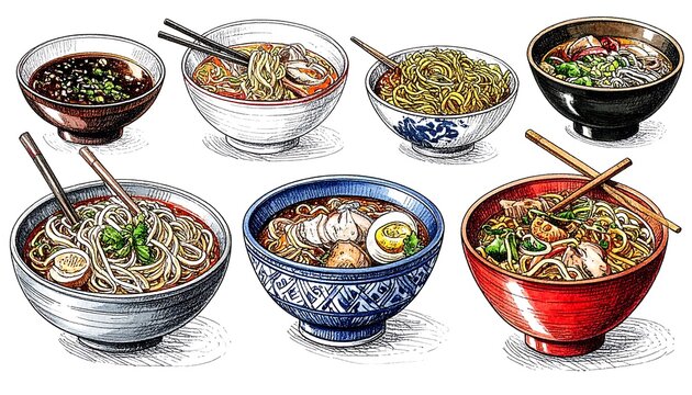 Eight bowls of various noodle dishes with chopsticks, illustrated with fine crosshatching detail and vibrant colors