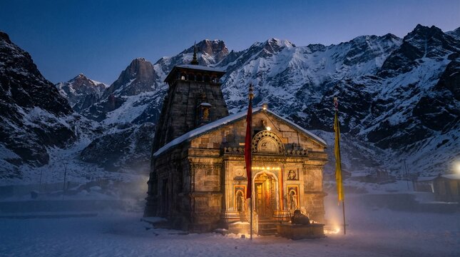 Cinematic shot of Kedarnath Shiva temple with snow mountain, night view of kedarnath temple