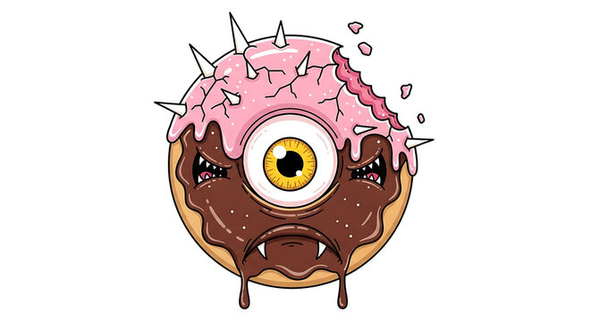 Grumpy Cartoon Donut Monster Illustration with Spikes and Fangs