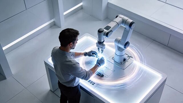 Human wearing mechanical glove working with white robot in laboratory