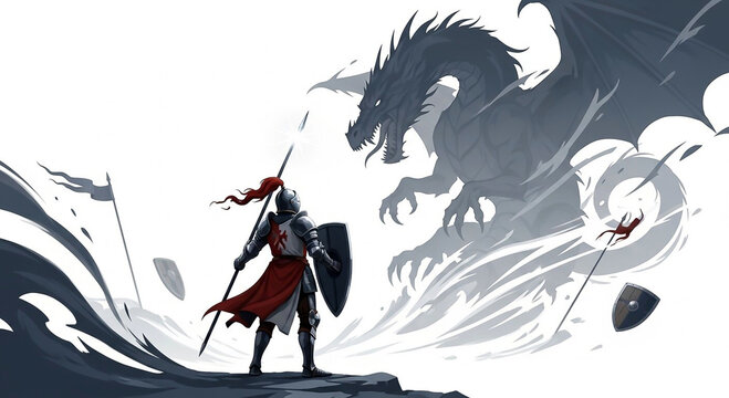 A valiant knight in armor, holding a lance and shield, stands ready to confront a fearsome dragon silhouetted against a stark, dramatic background.
