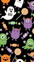 Obraz premium Halloween Monster Candy Pattern Black Background Festive Fun.
