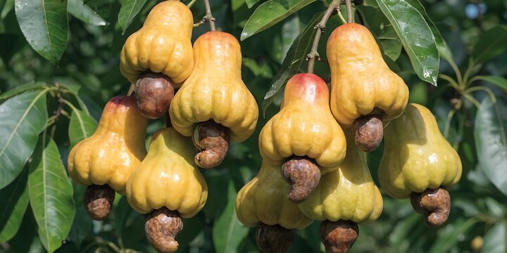 Cashew nuts growing on tree branch with ripe yellow fruits high resolution photo