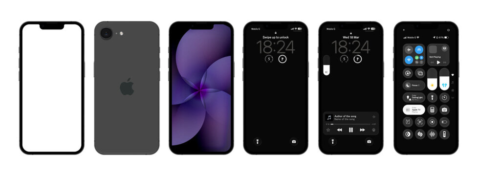 Photorealistic detailed Apple Iphone 17e Black basic IU mockup isolated. iOS 26, liquid grass 2026 full template design. Vector editorial illustration