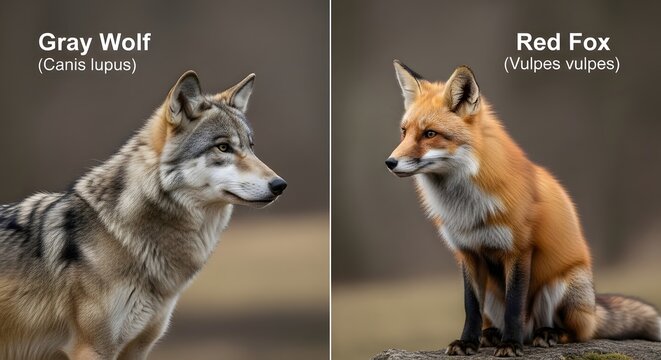 Comparison of a gray wolf and a red fox side by side