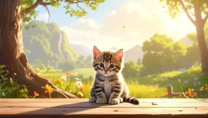 Fototapeta premium A sweet kitten sits on a wooden surface, set against a verdant landscape bathed in sunlight. Flowers and trees frame the scene