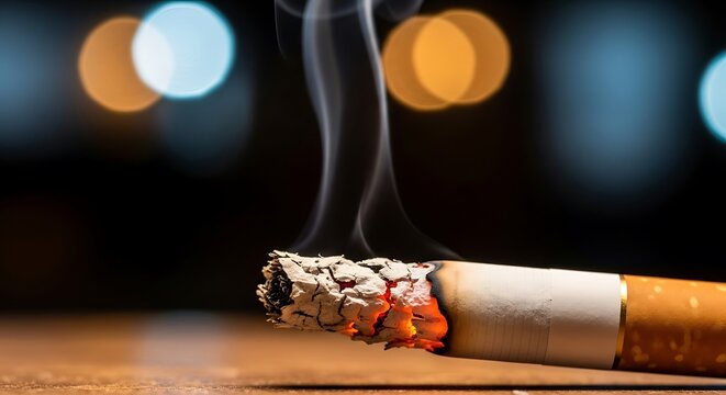 Close-up of burning cigarette butt.