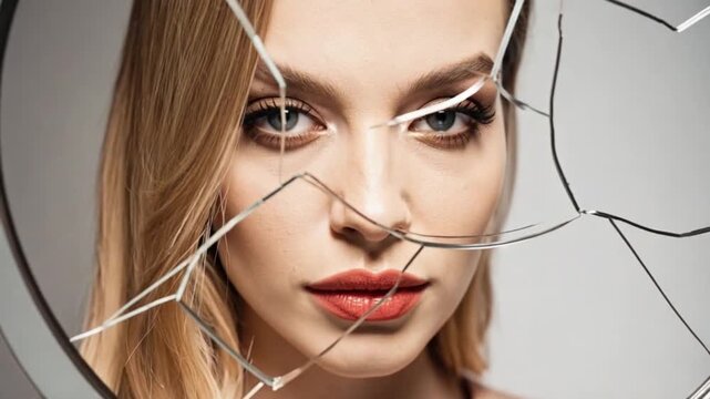 Young woman's face through shattered glass, reflection of inner turmoil
