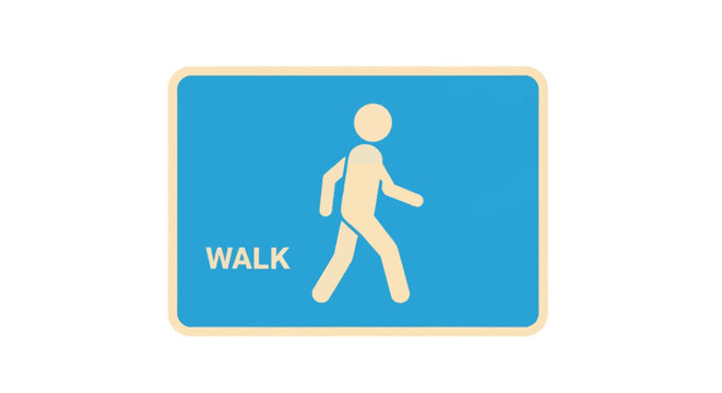 Flat vector illustration of a pedestrian walking icon in beige with the word WALK on a solid blue rectangular background with rounded corners, minimalist signage design style.