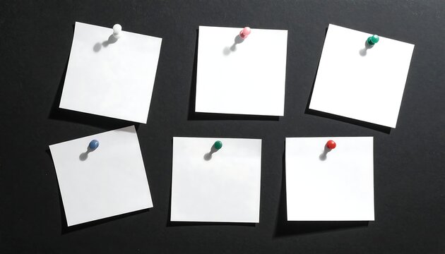 A set of six blank white sticky notes on a black background