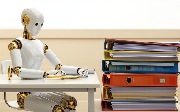 White robot sits at desk stacks of colorful binders beside it.