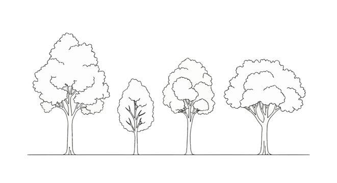 Minimalist set of four CAD style tree line drawings in elevation view, black and white architectural symbols for landscape site planning and garden design on a white background.