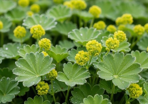 Ladys Mantle Alchemilla Mollis plant with morning dew drops on its green leaves.
