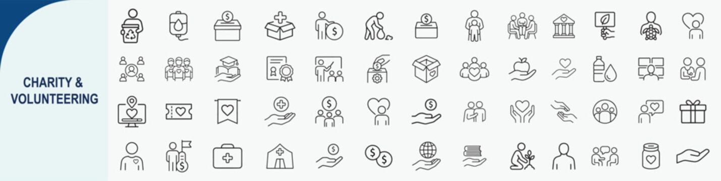 Empathy and Giving: A comprehensive collection of meticulously crafted line icons representing the essence of charity and the spirit of volunteering. A visual narrative of care, compassion.