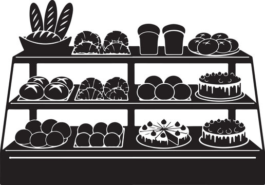 Black and white bakery shelf with assorted desserts and bread