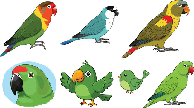 Cute and Realistic Parrot Birds Set with Lovebirds, Parakeets and Cartoon Green Parrot Characters Tropical Bird Illustration Collection